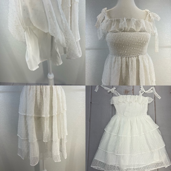 Square Neck Puff Sleeves Ruffle Midi Dress Boho Swiss Dot Tie Back Smocked Dress - Picture 14 of 17